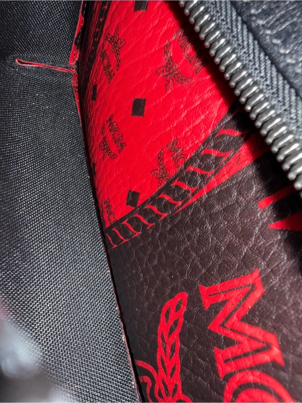 MCM Red & Black Baroque Pattern Leather Backpack Medium